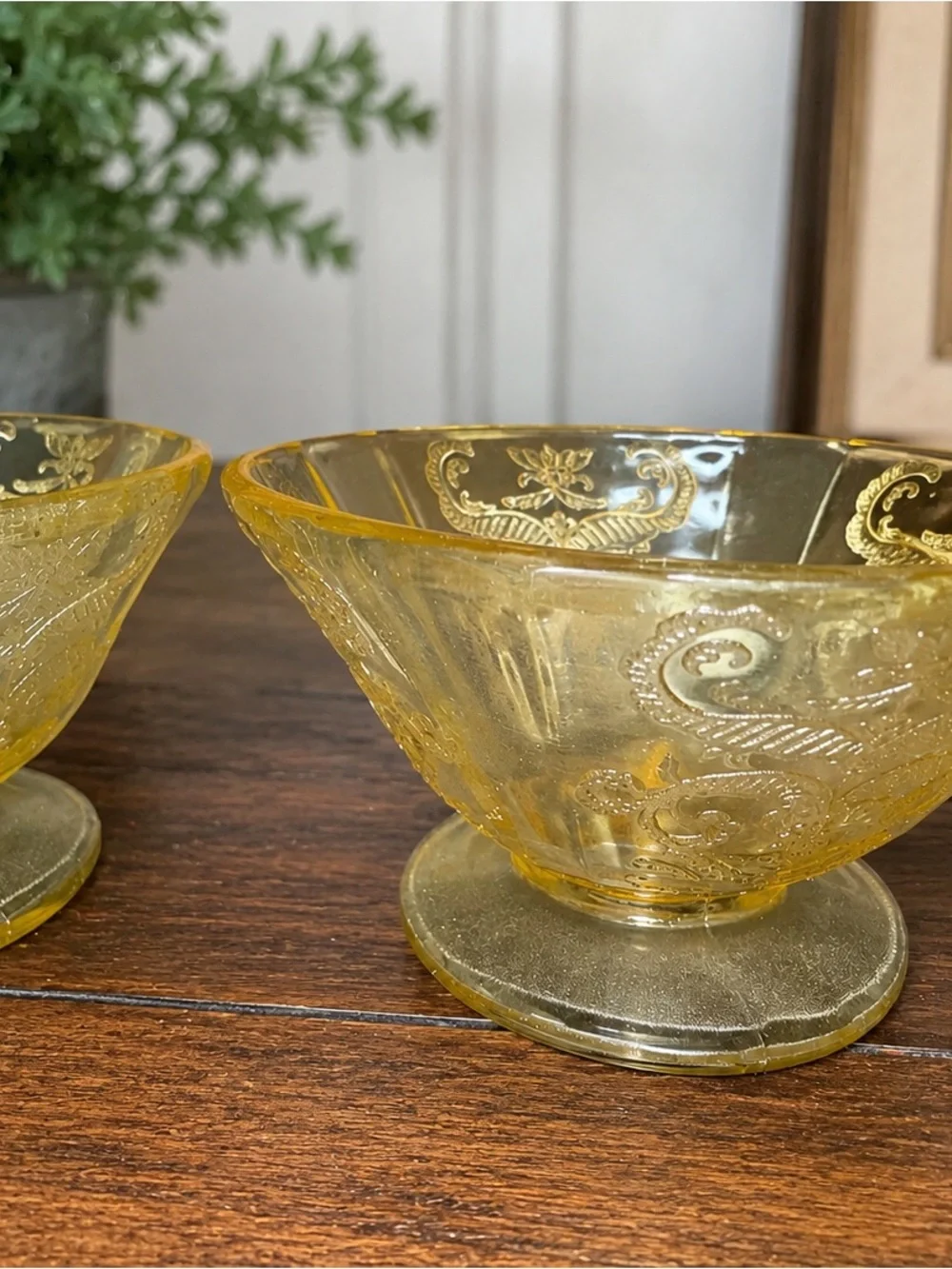 Vintage Amber Pressed Glass Footed Sherbet Dessert Bowls Set of 2 Floral Scroll
